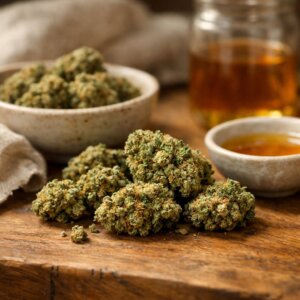 Composition élégante de fleurs CBD sur bois naturel avec lumière douce