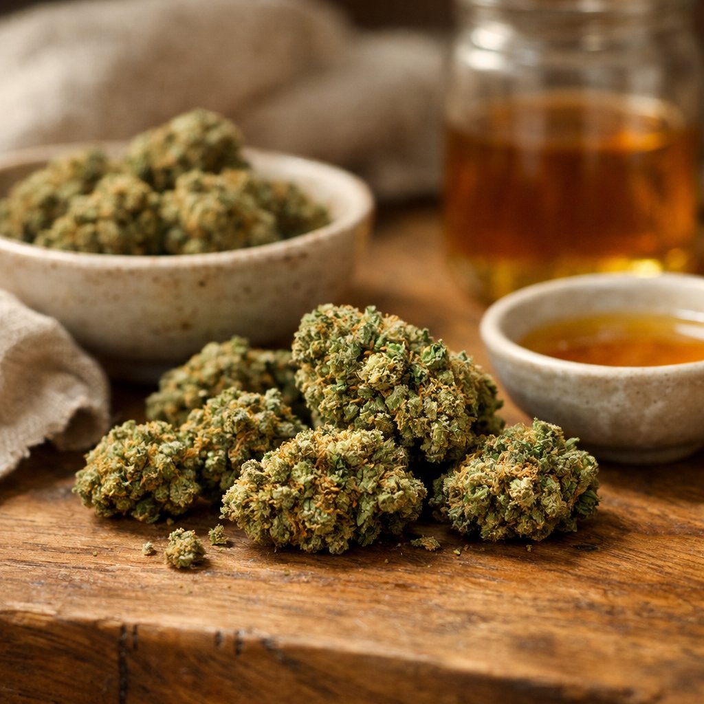 Composition élégante de fleurs CBD sur bois naturel avec lumière douce