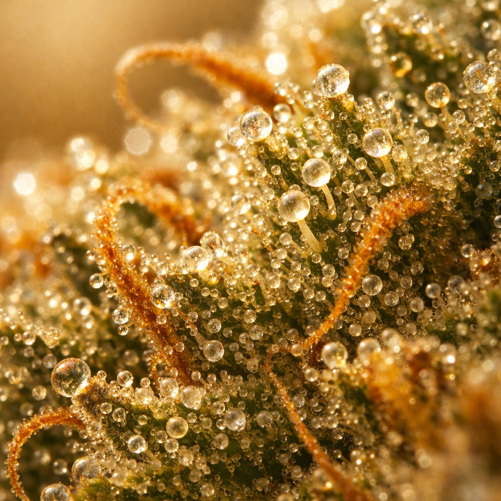 Détail macro des trichomes et résine sur fleur CBD