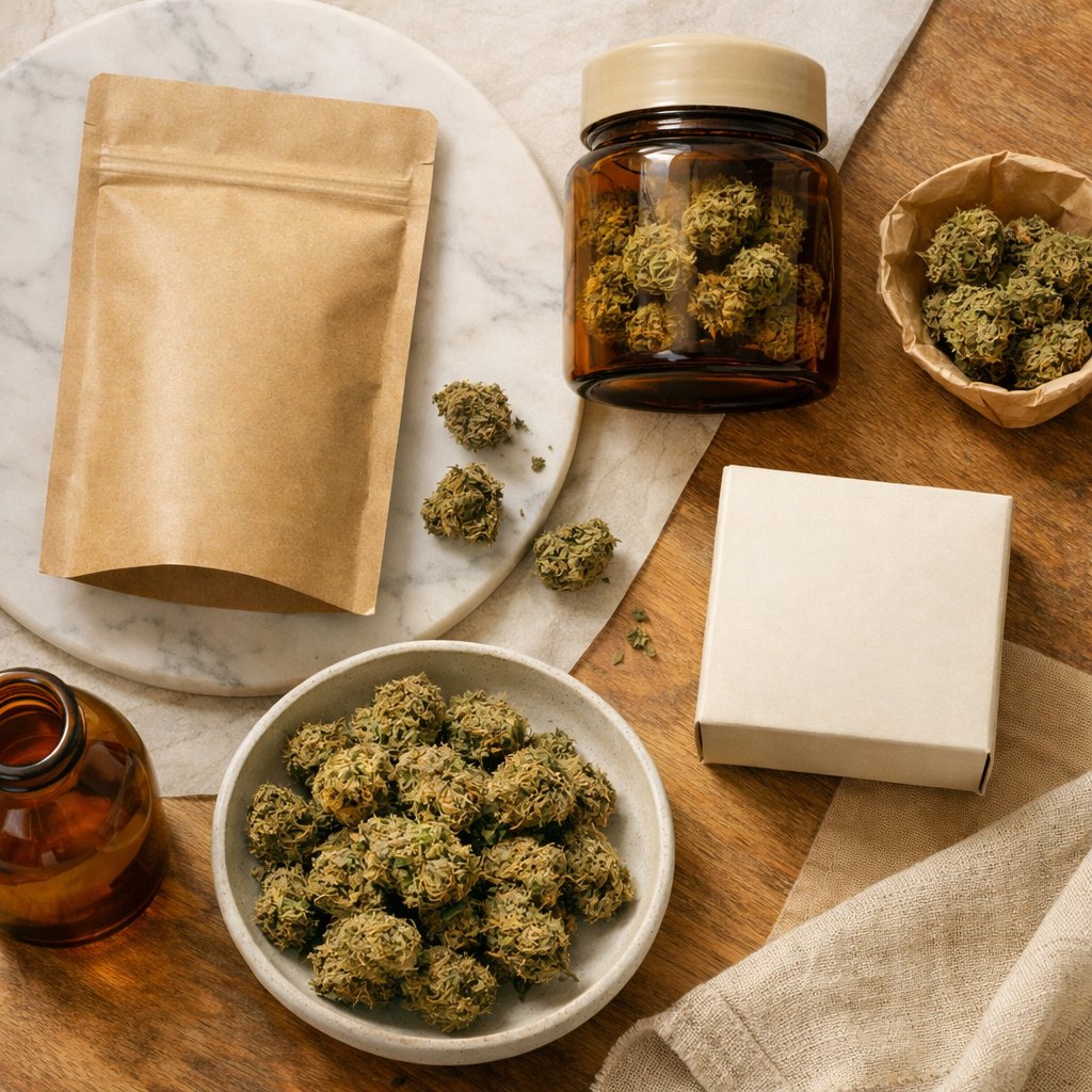 Flat-lay lifestyle de fleurs CBD et packaging minimaliste