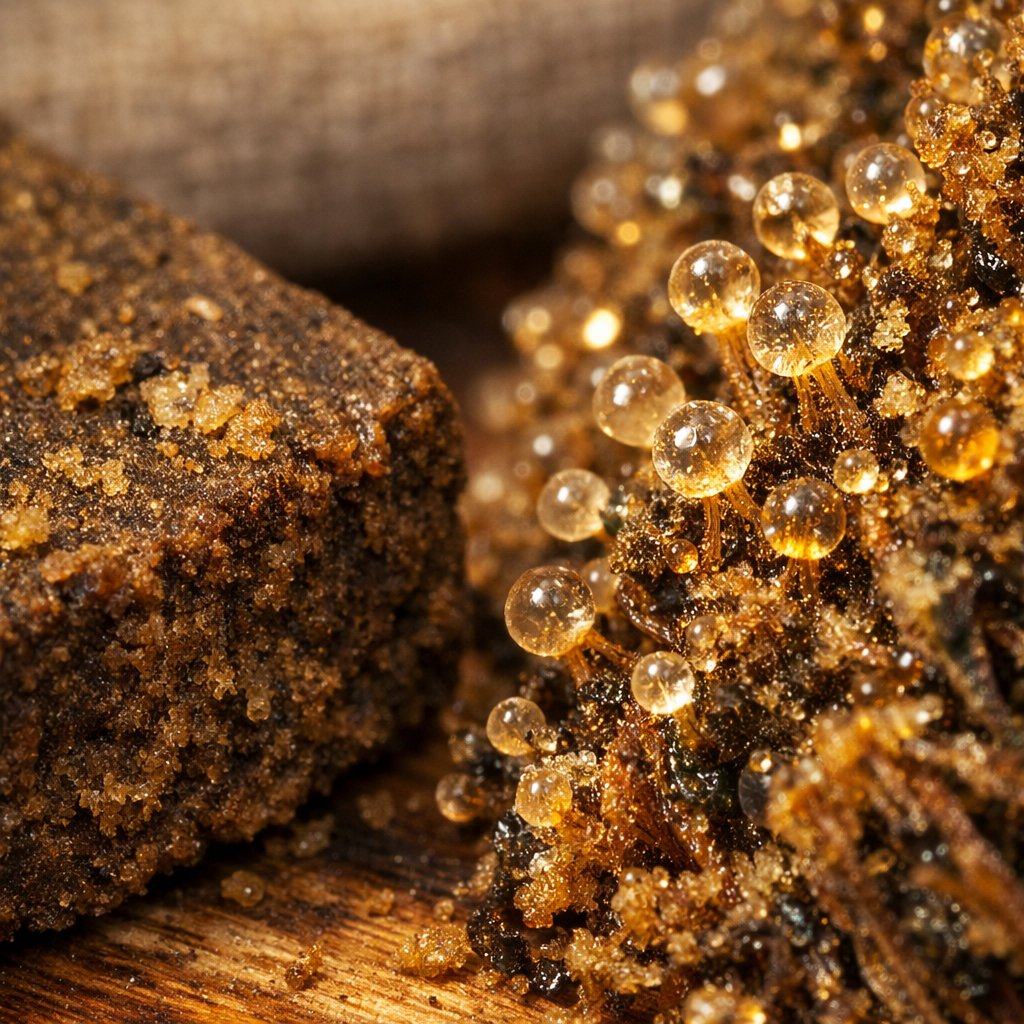 Gros plan macro sur trichomes et texture de résine CBD