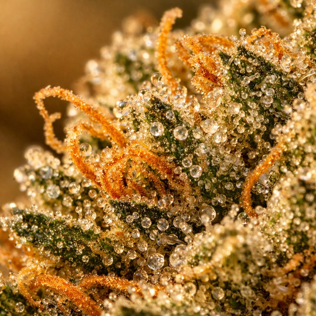 Gros plan macro sur trichomes et résine de fleur CBD séchée