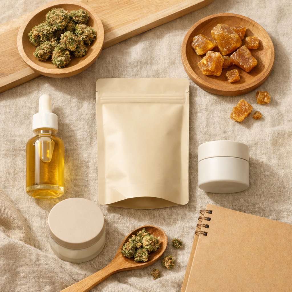 Vue zénithale de produits CBD sur lin beige avec accessoires bois et kraft
