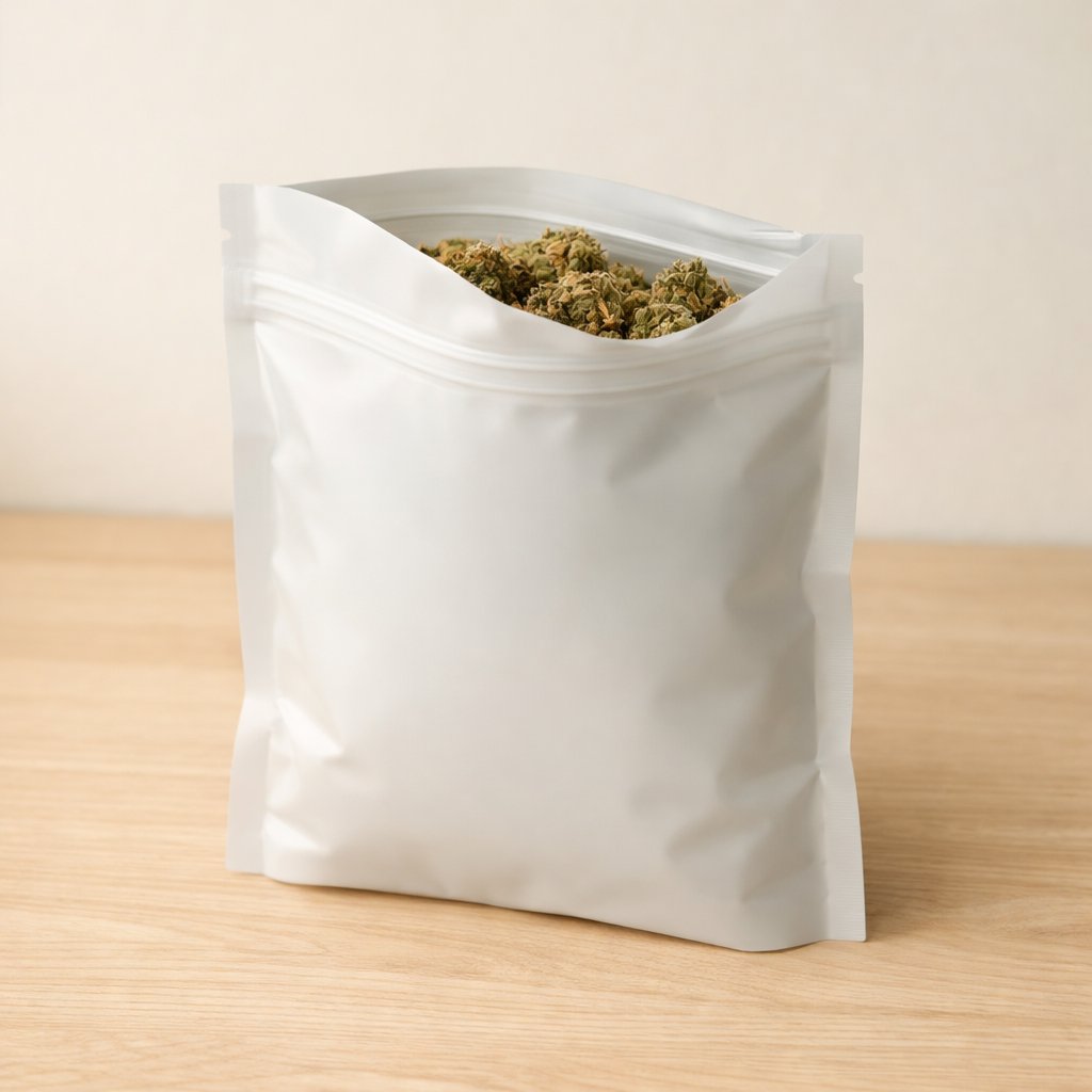Fleurs de CBD séchées dans un sachet hermétique opaque sur surface en bois clair