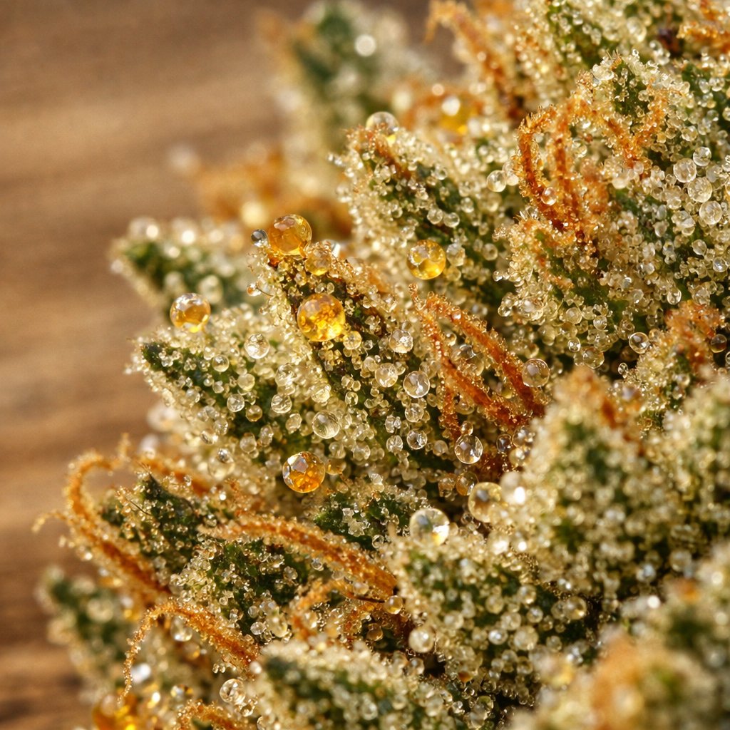 Détail macro des trichomes ambrés sur fleur de CBD