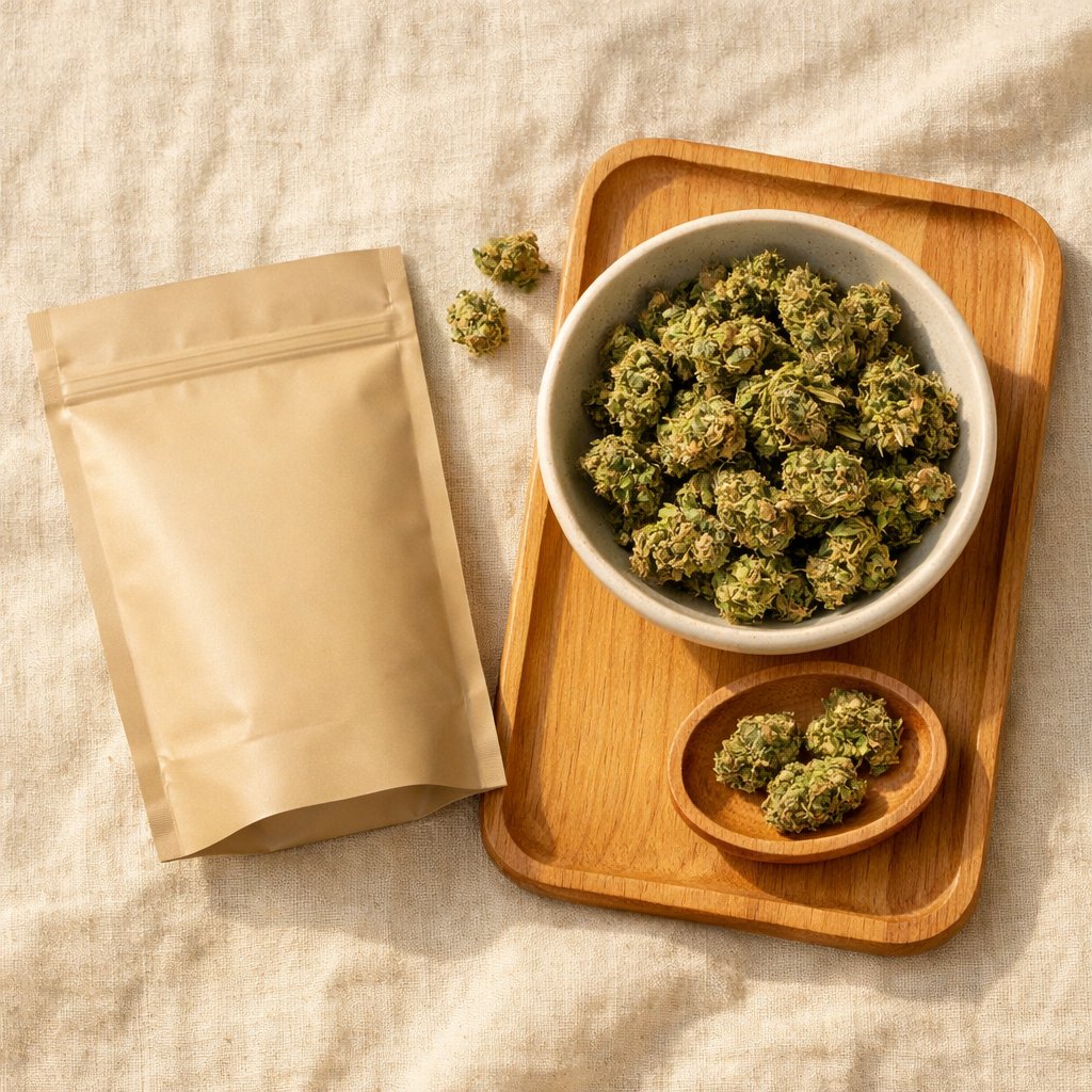 Vue flat-lay d’un sachet hermétique mat avec fleurs CBD et éléments lifestyle neutres