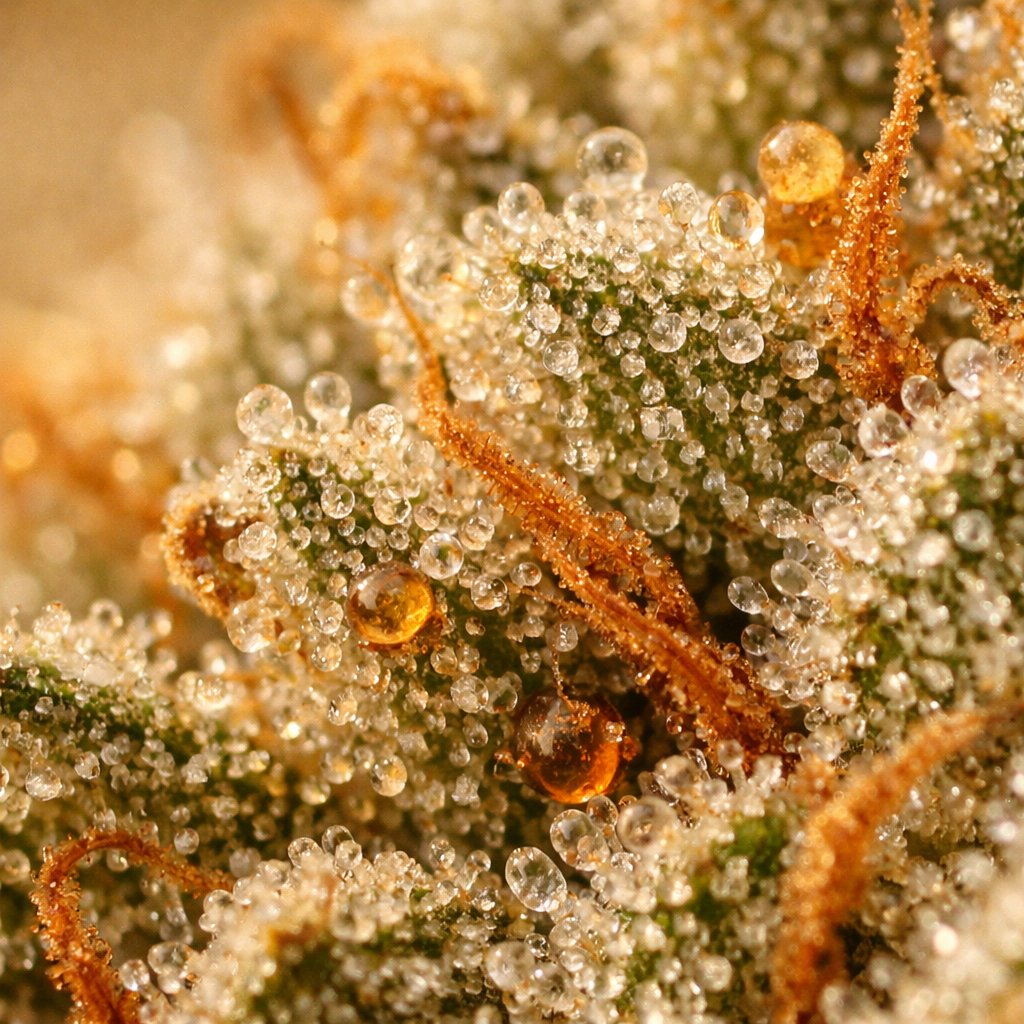 Détail macro des trichomes et résine sur fleur CBD