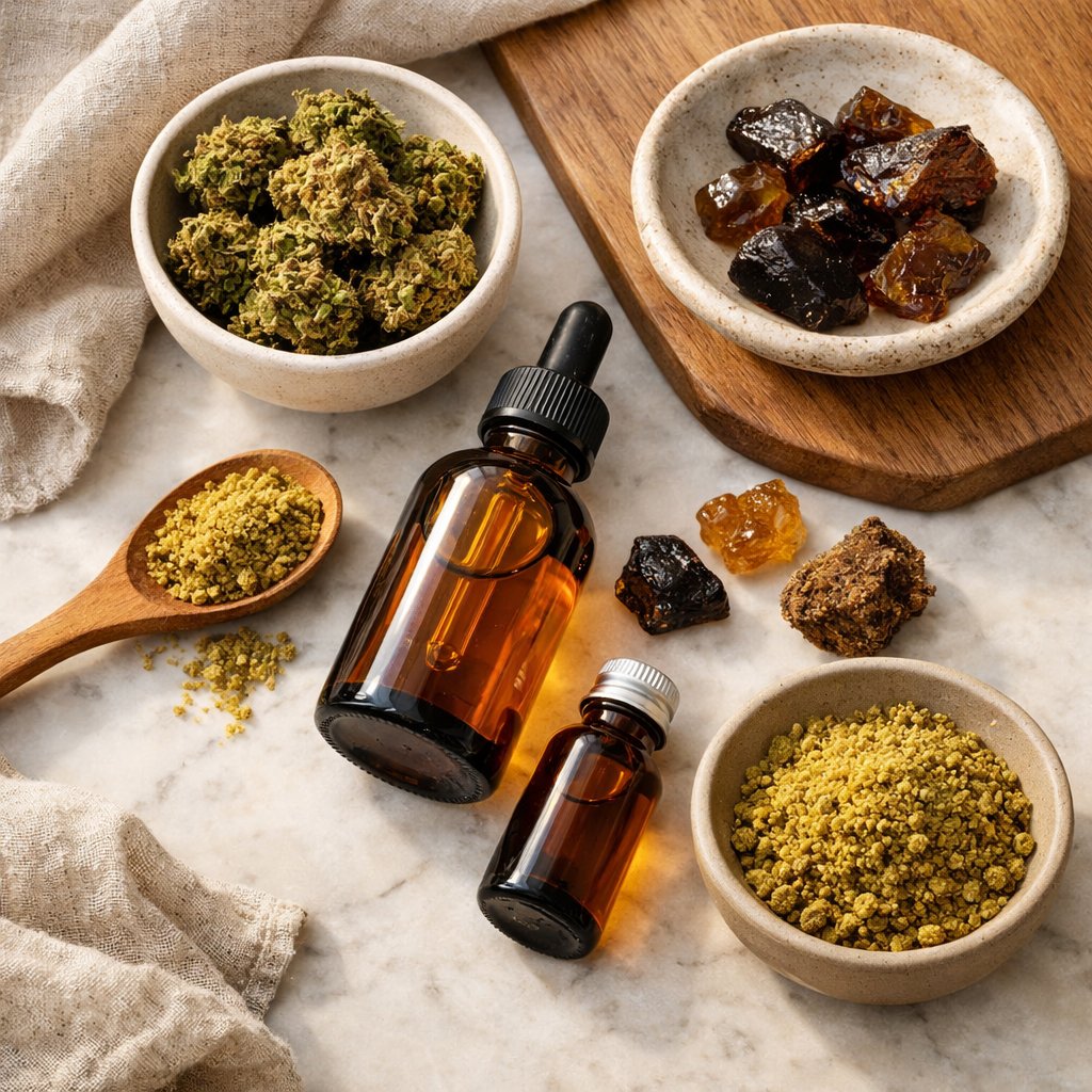 Vue flat-lay de produits CBD variés sur surfaces naturelles