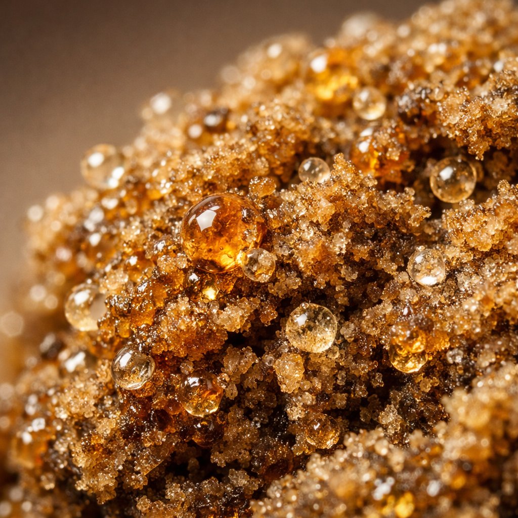 Détail macro des trichomes et de la résine sur hash CBD avec lumière douce