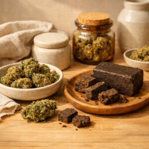 Scène ambiante de fleurs CBD séchées et résines sur bois clair