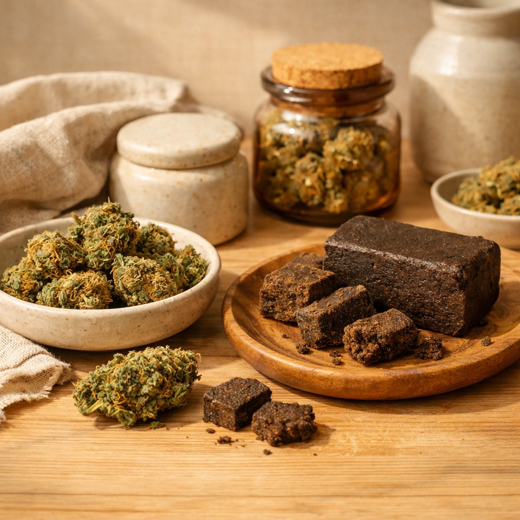 Scène ambiante de fleurs CBD séchées et résines sur bois clair