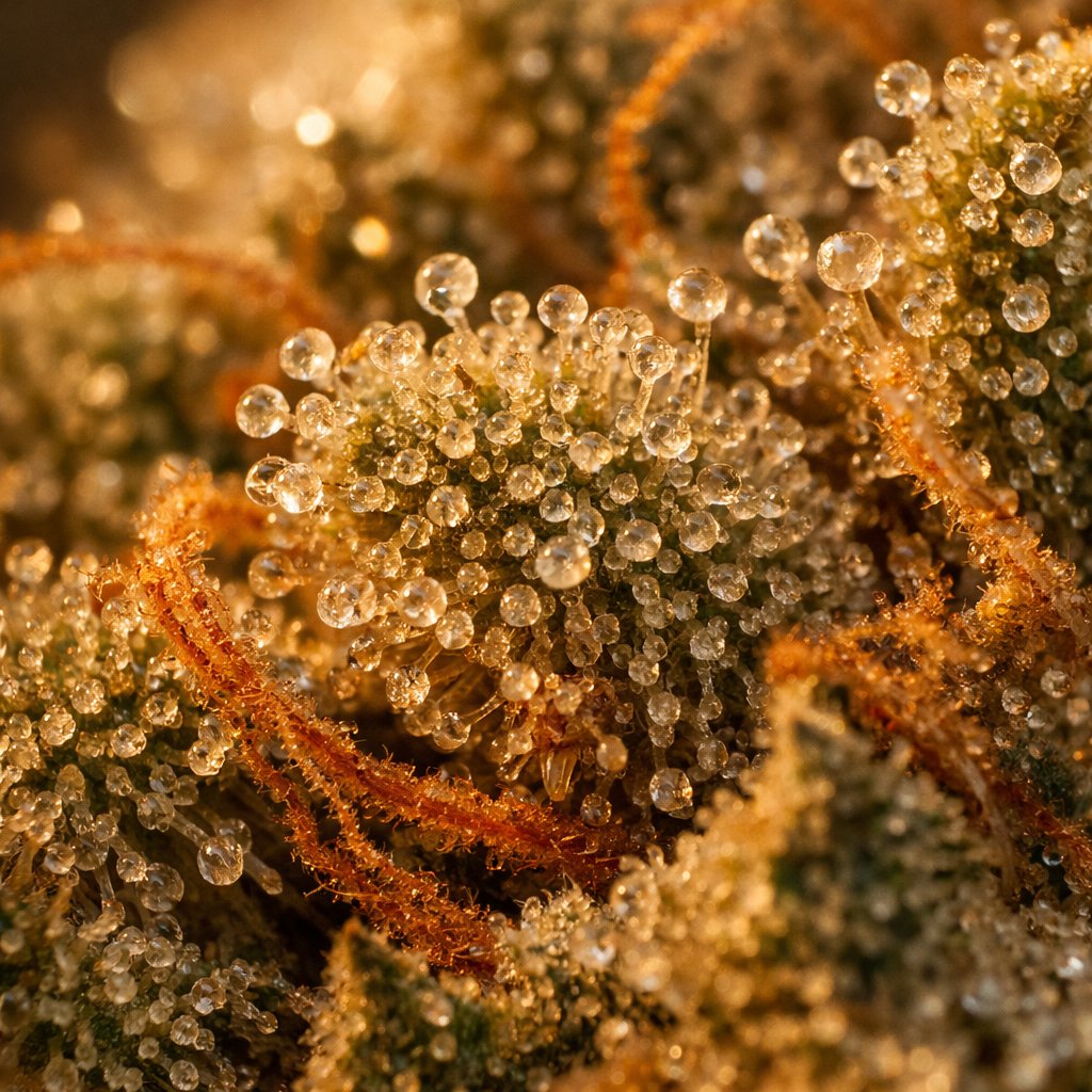 Détail macro des trichomes sur fleur CBD séchée