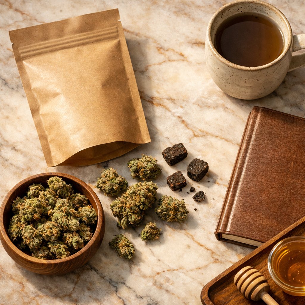 Vue flat-lay de fleurs CBD, résines et accessoires neutres