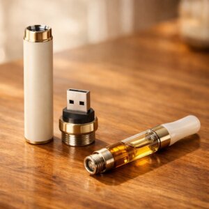 Vape pen CBD rechargeable posé sur surface en bois, vue globale des composants