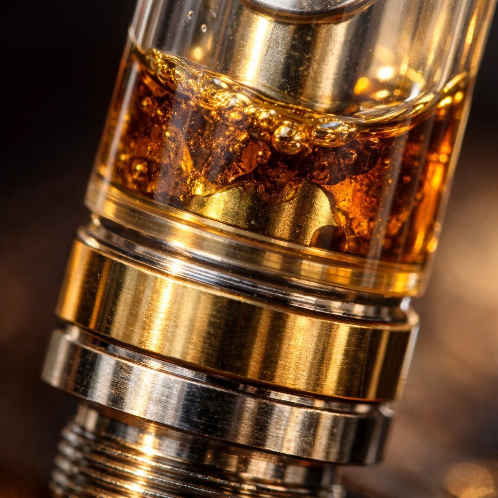 Détail macro du réservoir en verre et connecteur métallique d’une cartouche vape pen