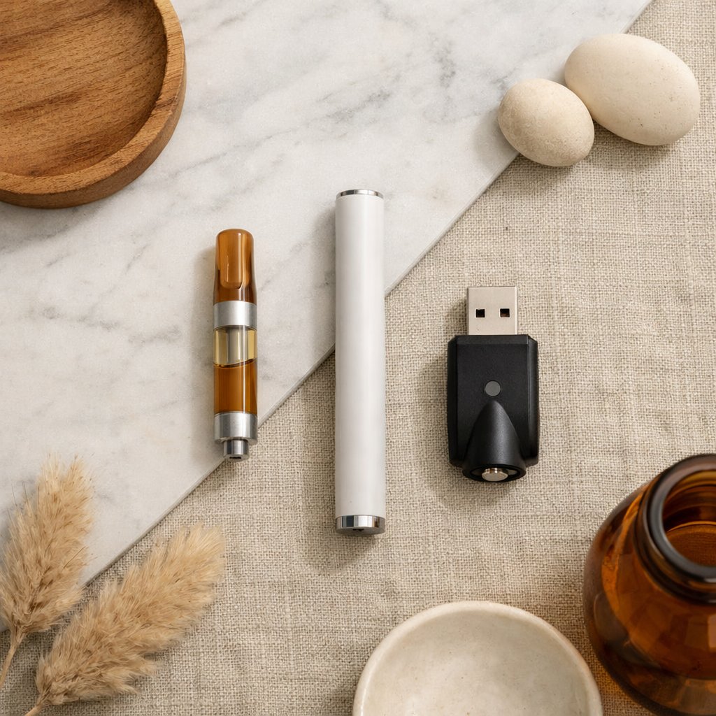 Flat-lay d’un kit vape pen CBD rechargeable avec batterie, cartouche et chargeur USB