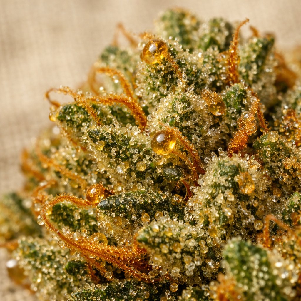 Détail macro des trichomes et résine d'une fleur CBD California Botanics
