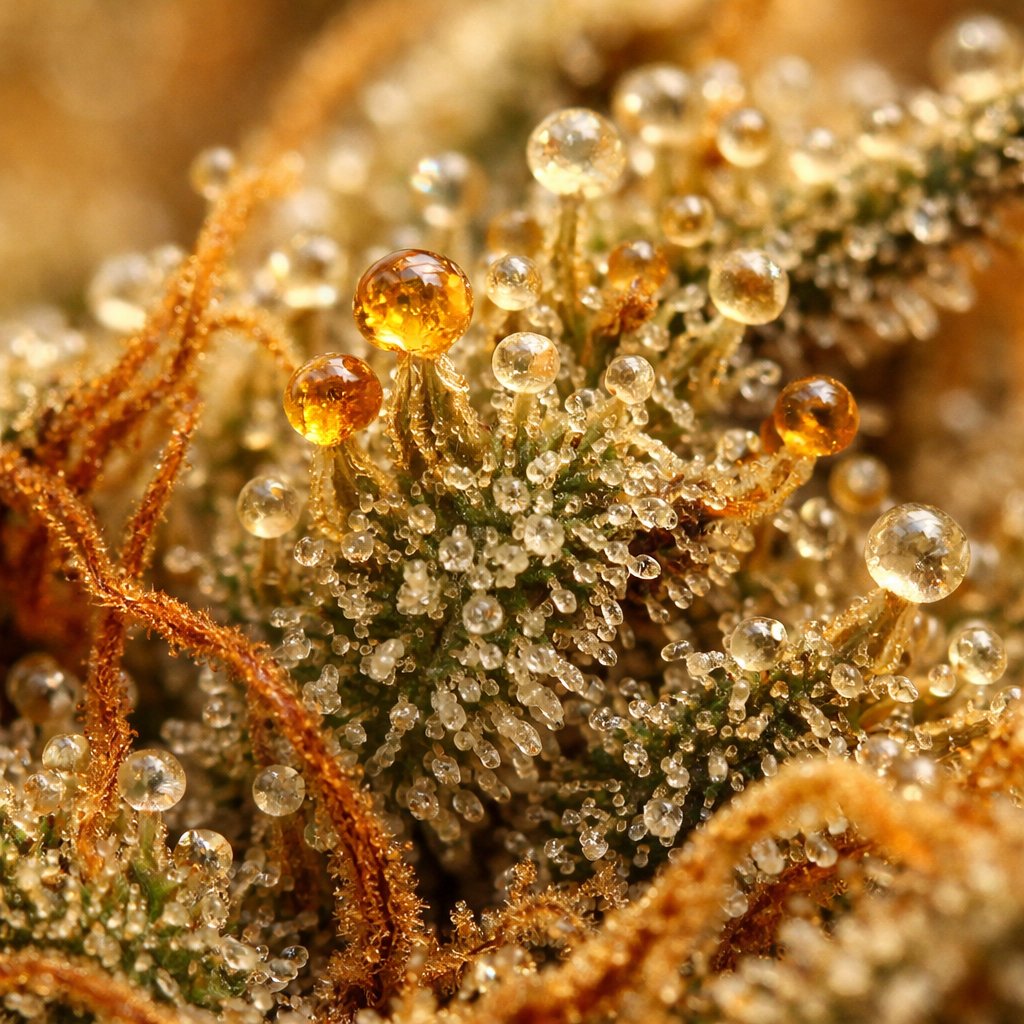 Gros plan sur trichomes et cristaux de résine sur fleur de chanvre séchée