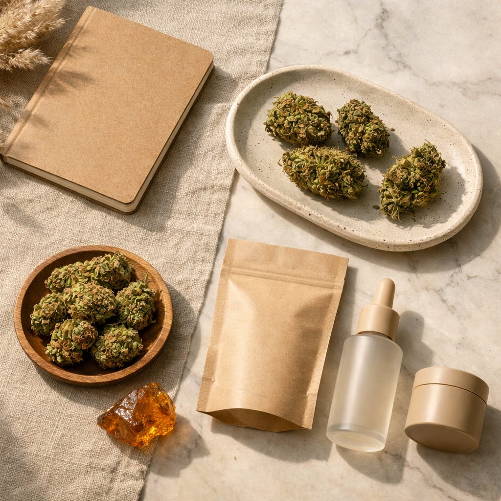 Vue flat-lay de fleurs CBD, résine et emballages mats sur surface lin et marbre