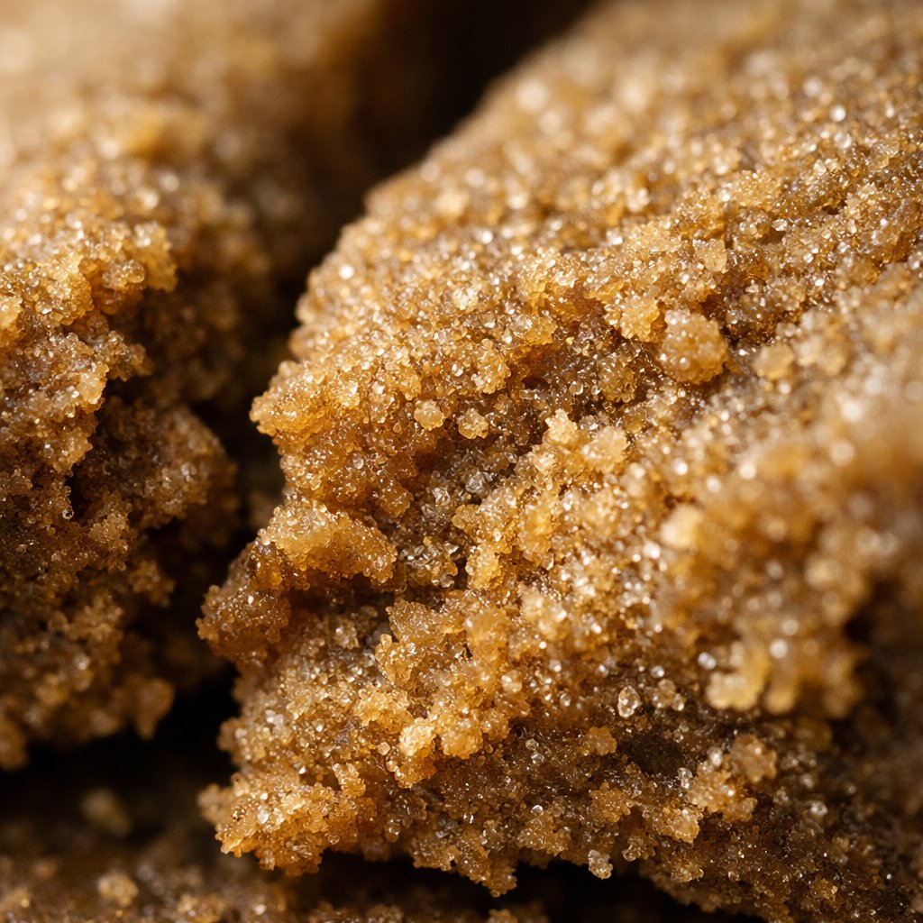 Gros plan macro sur la texture résineuse et trichomes du hash Malana Cream