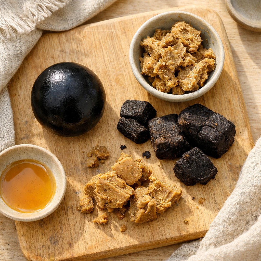 Flat-lay zenithal d'une sélection de hash himalayens sur planche en bois clair