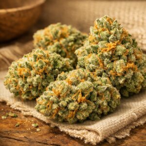 Fleurs de CBD Cheesecake dense avec pistils orangés et trichomes cristallins sous lumière chaude