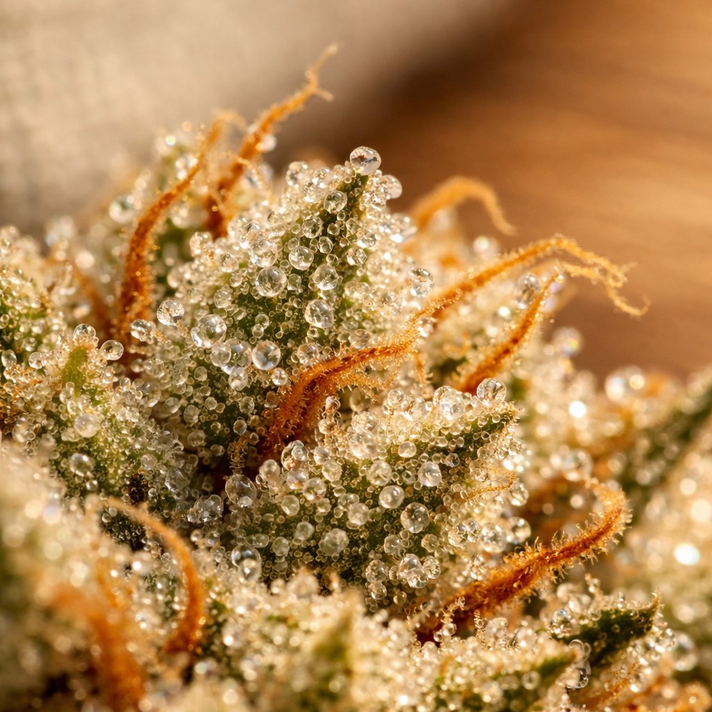 Macro trichomes cristallins sur fleur de CBD Cheesecake avec résine brillante