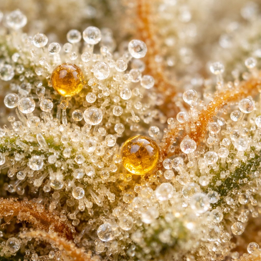 Macro des trichomes et résine sur fleur de CBD montrant des cristaux et gouttelettes ambrées