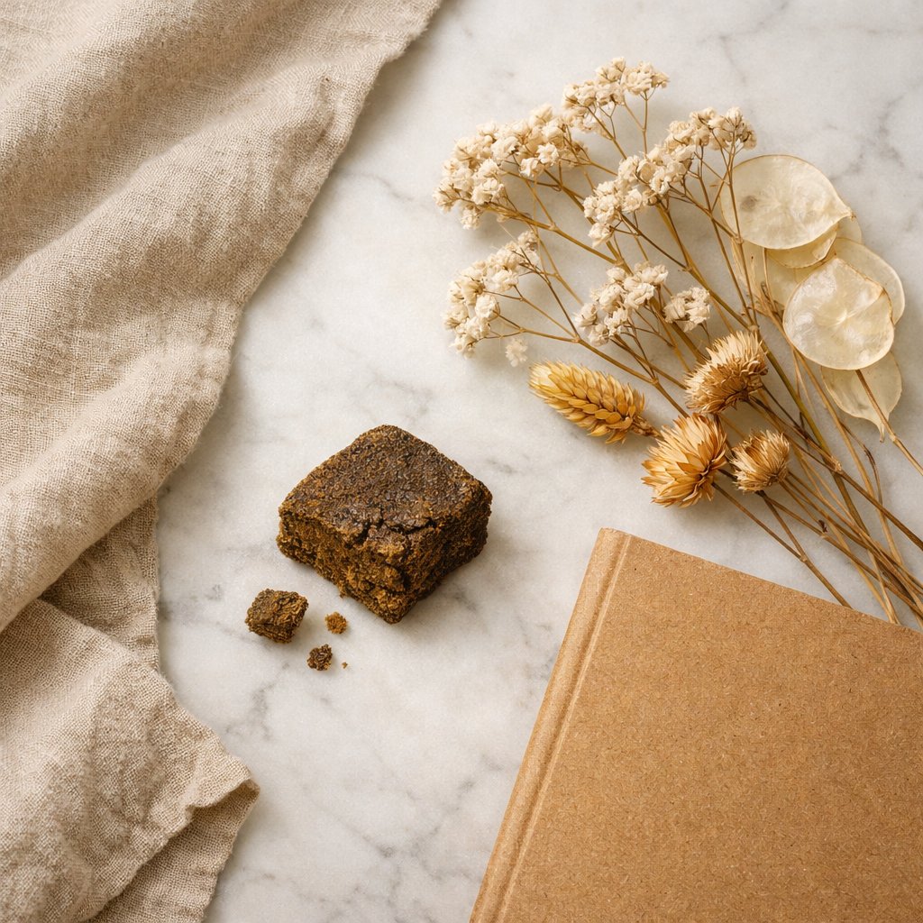 Vue zénithale d’un morceau de résine CBD et fleurs séchées sur marbre avec accessoires neutres