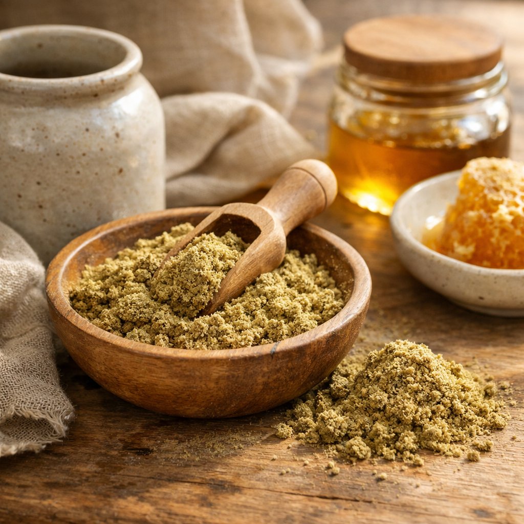Scène ambiante de pollen CBD posé sur bois naturel avec lumière douce
