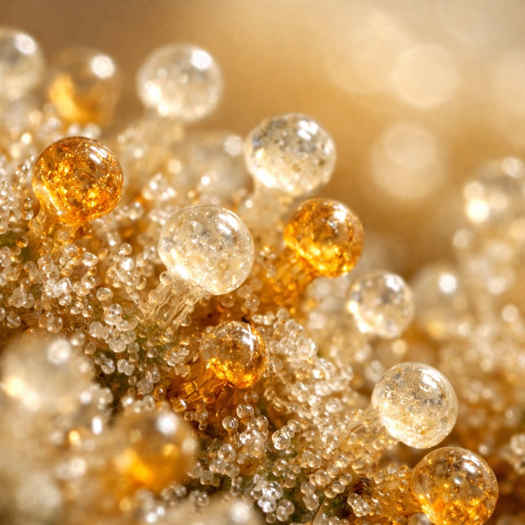 Macro détaillé des trichomes sur pollen CBD, texture cristalline