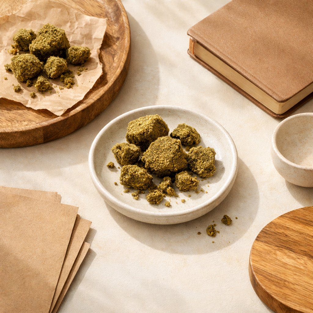 Composition flat-lay de pollen CBD avec accessoires lifestyle neutres
