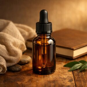 Bouteille d’huile CBD 30 % sur bois clair avec accessoires naturels