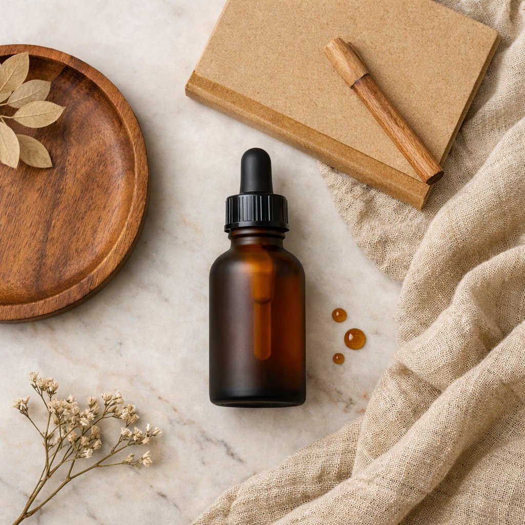Vue zénithale d’une huile CBD 30 % avec accessoires lifestyle neutres
