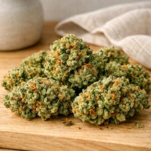 Fleurs denses de Jack Herer CBD sur bois clair avec pistils orange et trichomes visibles