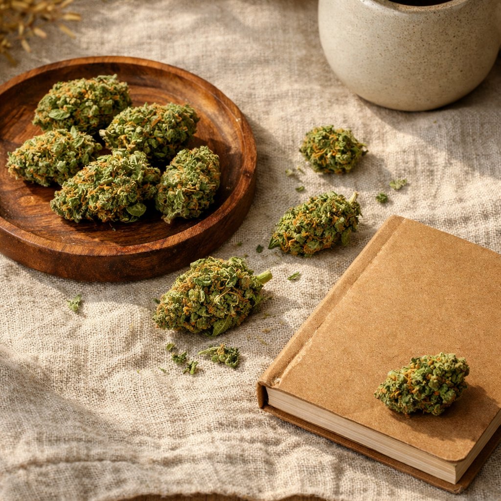 Composition flat-lay avec fleurs Jack Herer CBD sur lin naturel et accessoires en bois