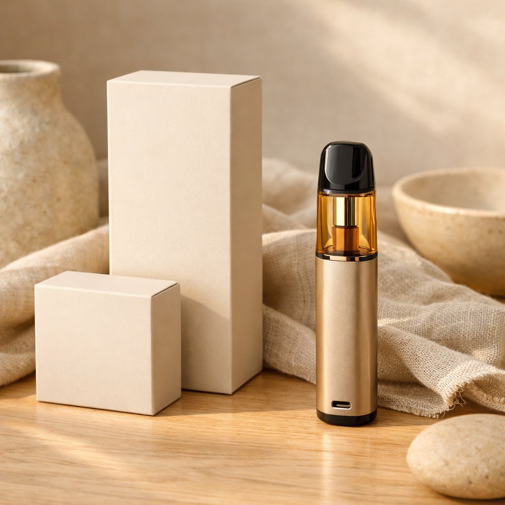 Dispositif vape rechargeable posé sur une surface en bois clair avec accessoires en lin et céramique