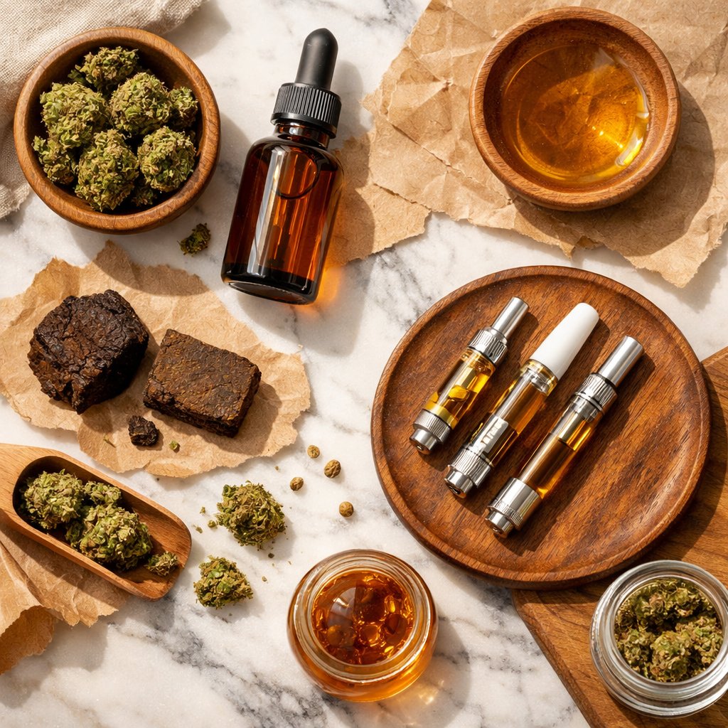 Vue zénithale d'un assortiment de produits CBD sur marbre avec accessoires naturels