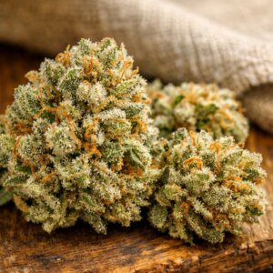 Gros plan sur des fleurs CBD séchées couvertes de trichomes résineux translucides
