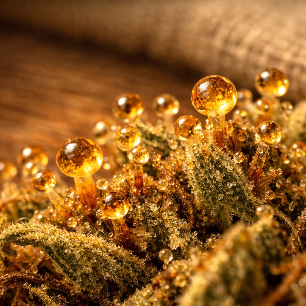 Macro extrême des glandes résineuses des trichomes sur une fleur CBD sèche
