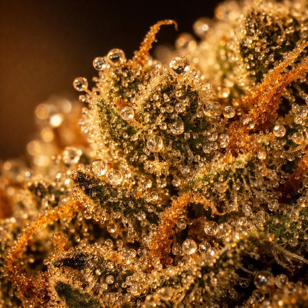 Détail macro des trichomes résineux sur fleur CBD séchée
