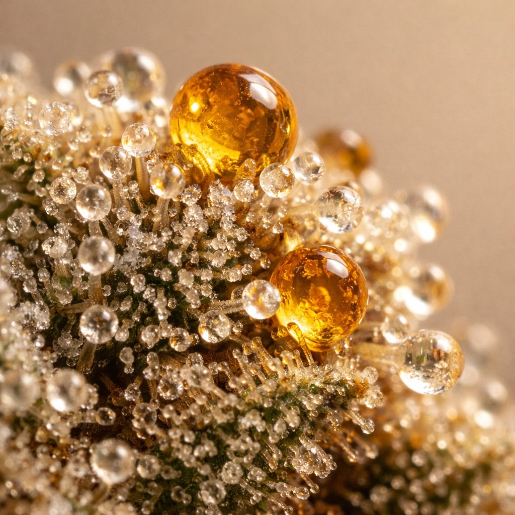 Macro détaillée des trichomes et résine de CBD avec texture cristalline