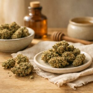 Composition statique de fleurs de chanvre CBD séchées sur bois clair avec props neutres