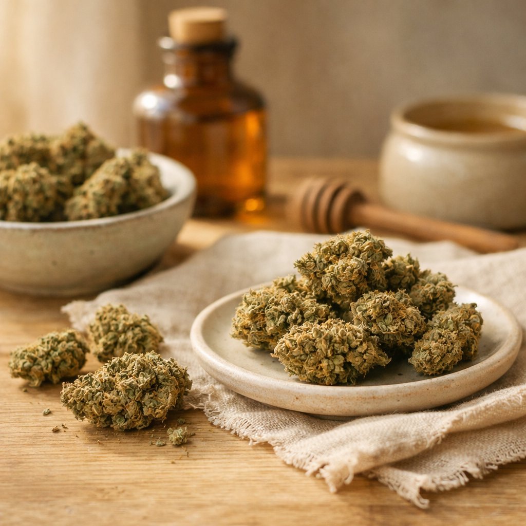Composition statique de fleurs de chanvre CBD séchées sur bois clair avec props neutres