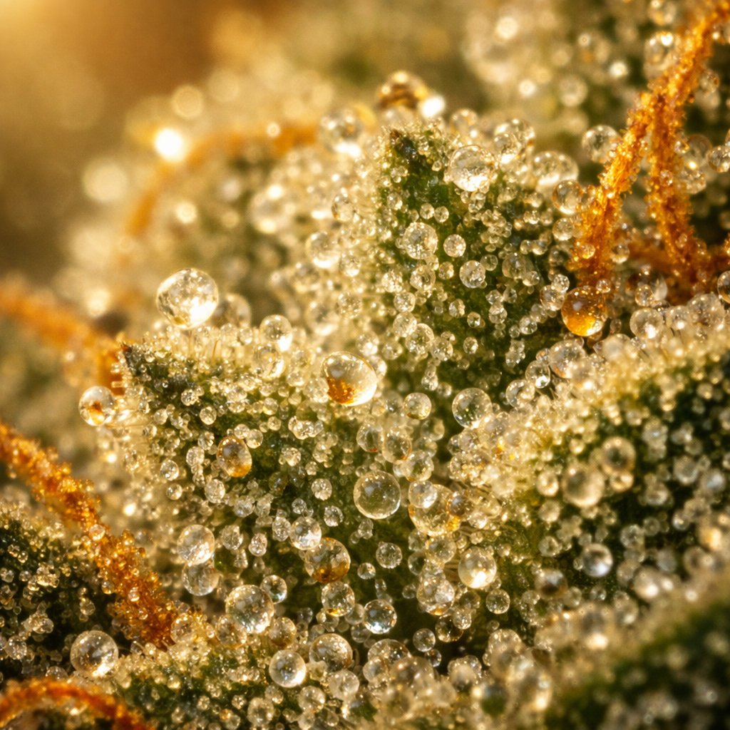 Gros plan macro sur les trichomes résineux d'une fleur de chanvre CBD
