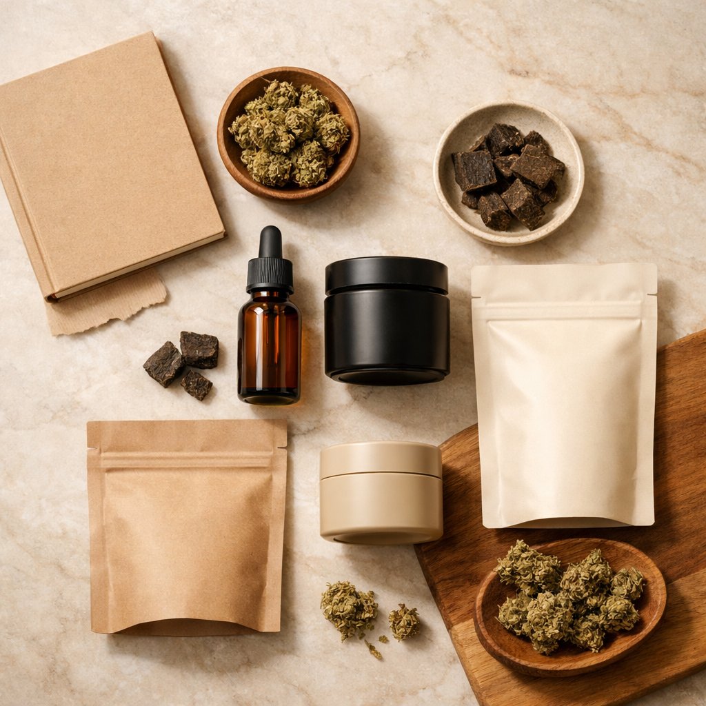 Vue zenithale de produits CBD variés sur surface marbre et bois naturel