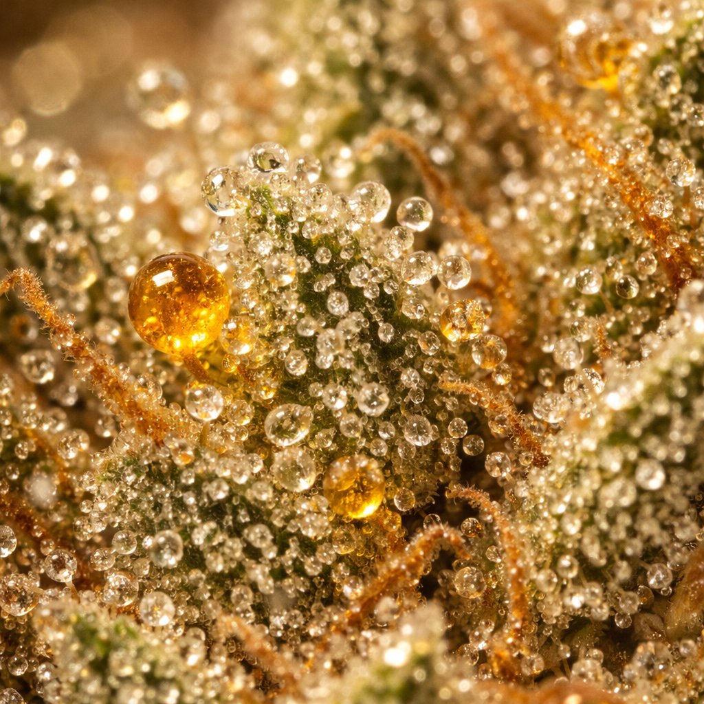 Détail macro des trichomes et résine sur fleur CBD