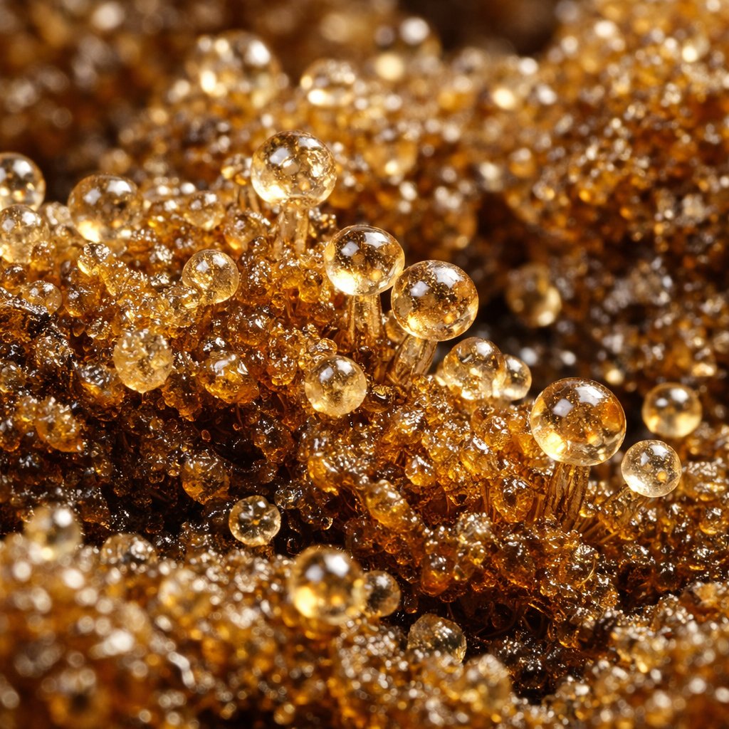 Détail macro sur les trichomes et la résine d'un haschich CBD California Botanics