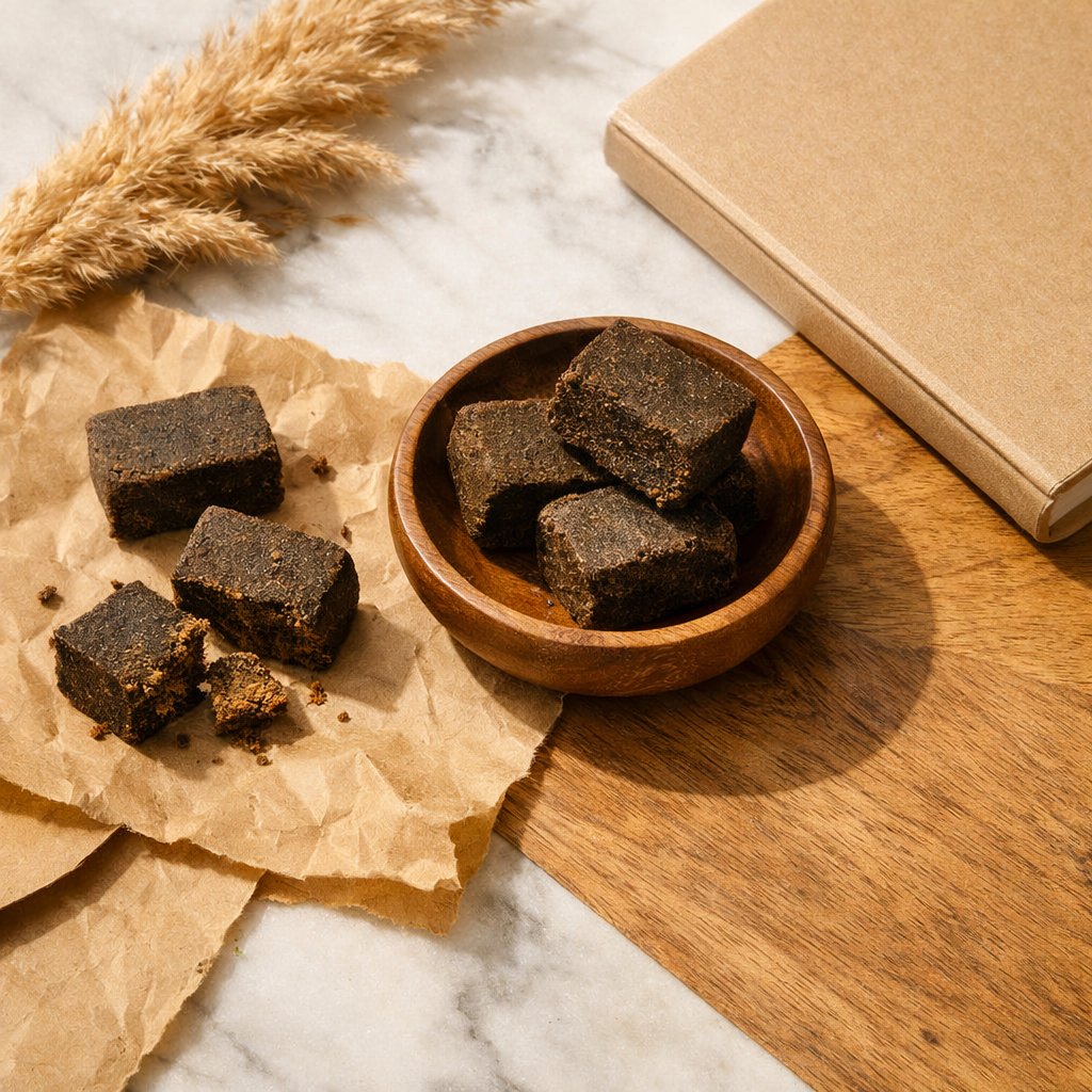 Vue flat-lay élégante de résines CBD California Botanics sur marbre et bois avec papier kraft