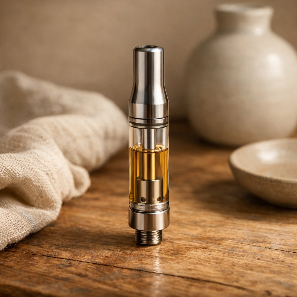 Cartouche CBD 510 posée sur un bois naturel avec éclairage doux chaud